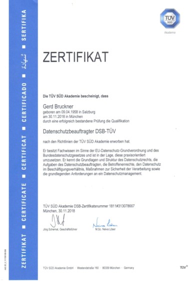 Zertifikat Datenschutzbeauftragter Gerd Bruckner