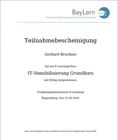 Teilnahmebescheingung IT-Sensibilisierung Gerd Bruckner